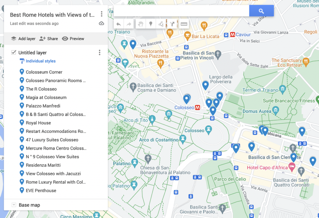 Map of the best hotels in Rome with views of the Colosseum. Blue dots represent the hotels on this map. 