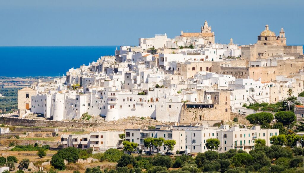Aerial view of Ostuni. This is the white city and it offers beautiful views of the coast and is filled with white homes. 