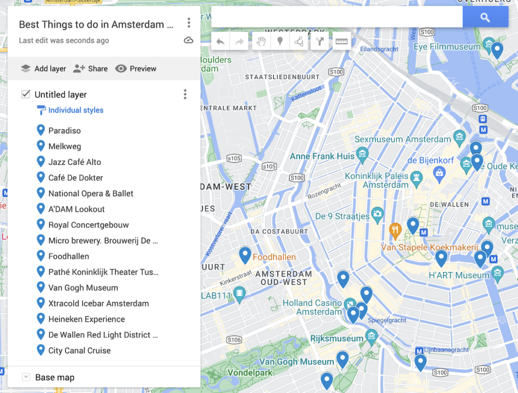 Map of the best things to do in Amsterdam at night with blue dots to represent the best places around. 