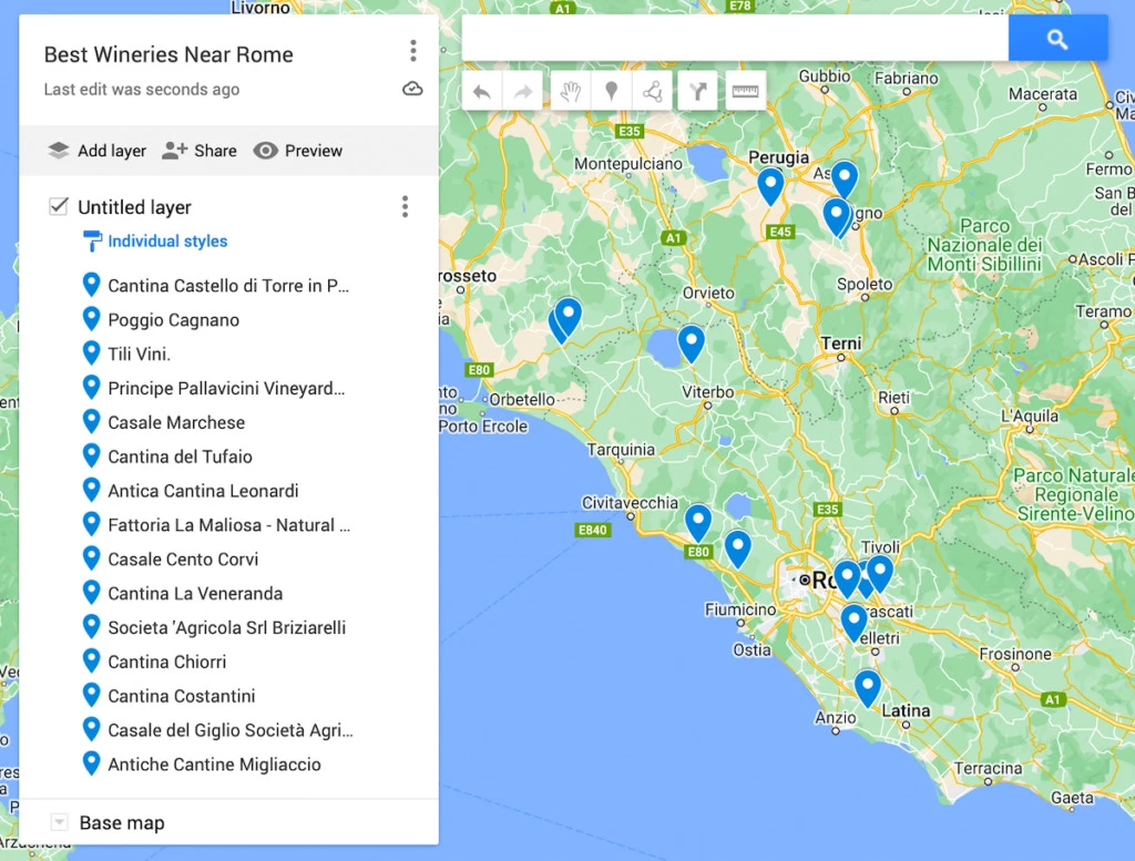Map of the best wineries near Rome with 15 blue dots to denote where the wineries are in Italy. 
