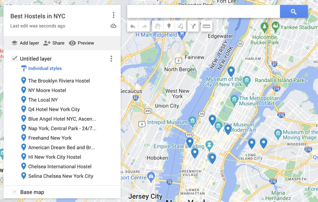 Map of the best hostels in NYc with blue dots to represent each hostel. 