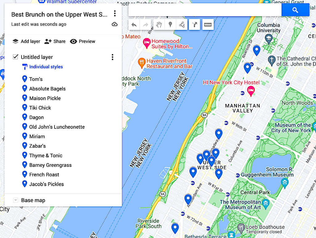 Map of the best brunch on the Upper West Side with twelve blue dots to represent these spots. 