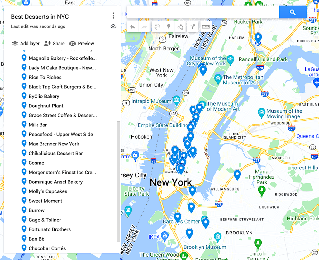 Map of the best desserts in NYC with blue dots to represent the 30 best desserts in NYC. 