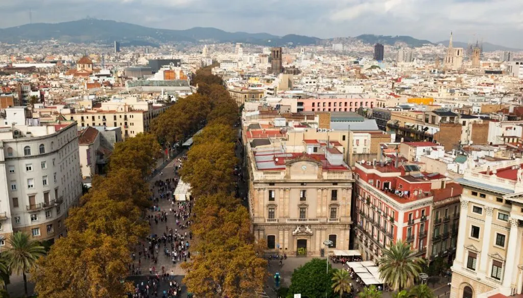 Aerial view of La Rambla and the buildings and tree lined streets of el Raval. This is one of the best views in Barcelona.