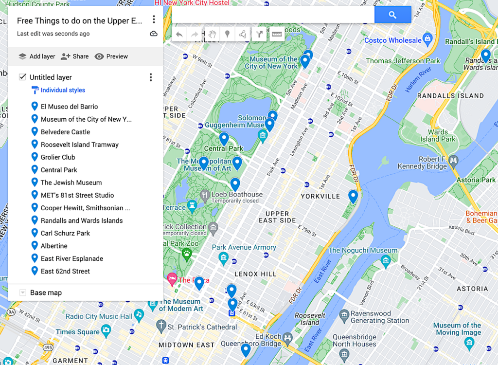 Map of the best free things to do on the Upper East Side with blue dots to represent all the spots and where they are in NYC. 