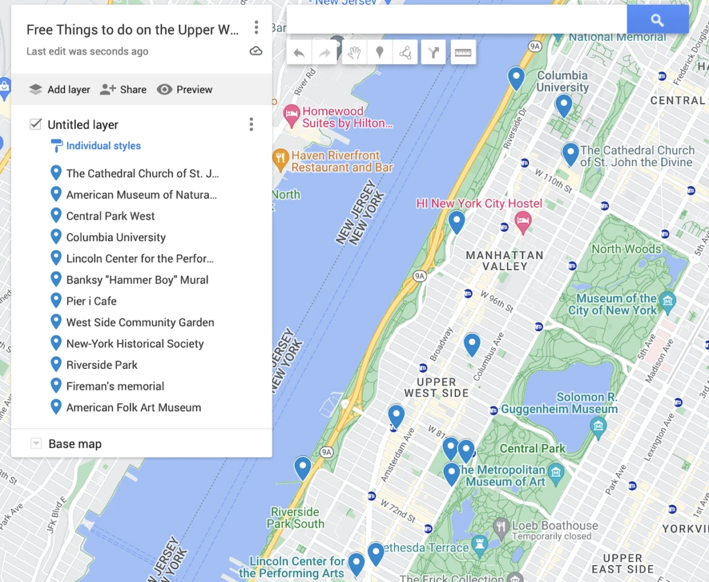 Map of free things to do on the Upper West Side of NYC. Blue dots represent the 12 best things to do. 