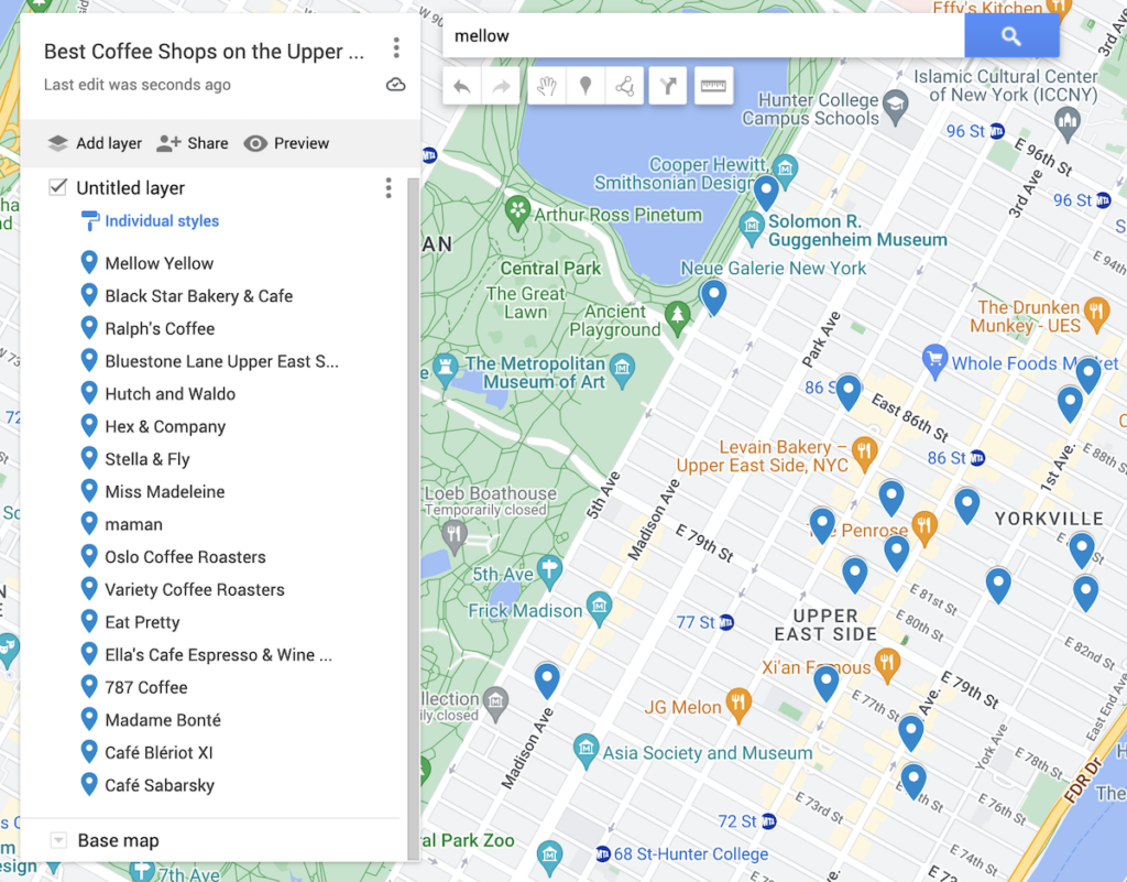 Map of the best coffee shops on the Upper East. Blue dots represent the best cafes on the Upper East Side.