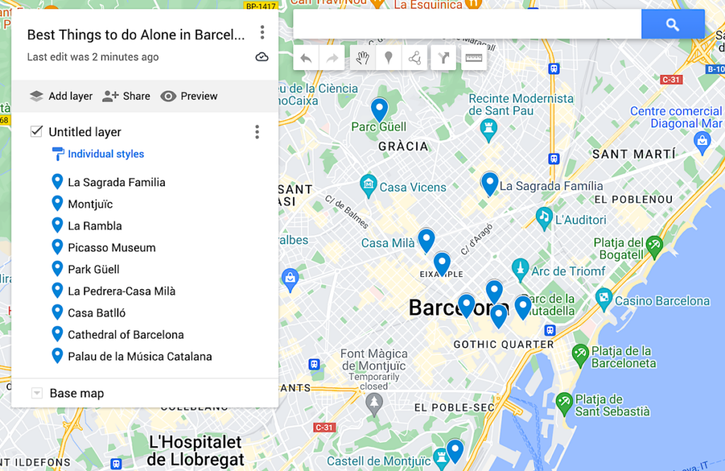 Ma of the best things to do in Barcelona alone with blue dots to represent where to go when you solo travel Barcelona. 