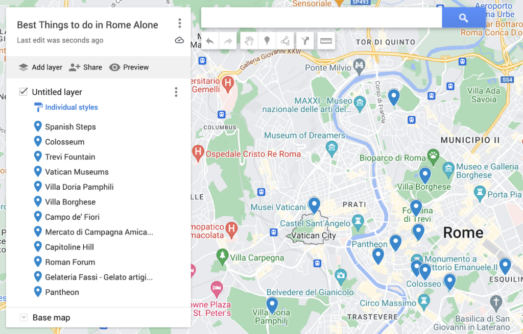 Map of the best things to do in Rome alone with blue dots to represent the best things to do in Rome alone.