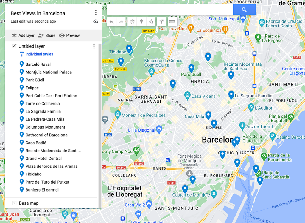 Map of the 17 spots in Barcelona that have the best views. Blue dots represent each spot. 