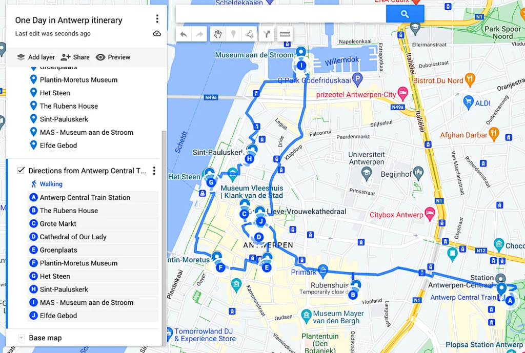 Map of this one day in Antwerp itinerary where blue dots represent each stop on this itinerary. 