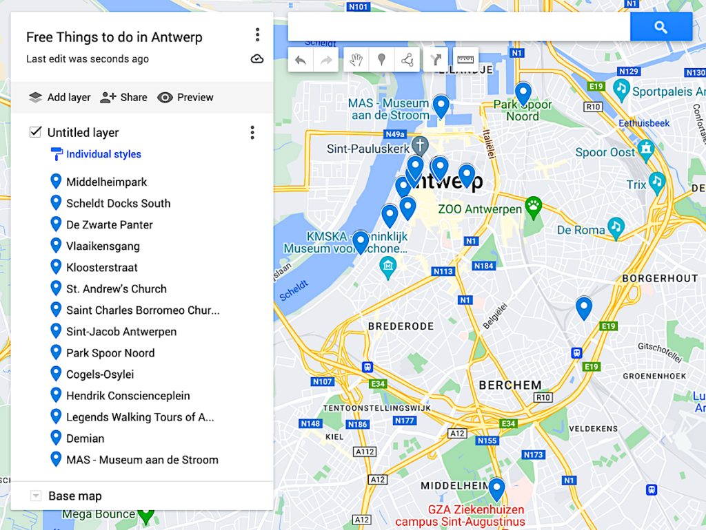 Map of the best free things to do in Antwerp with blue dots to represent where to go in Antwerp. 