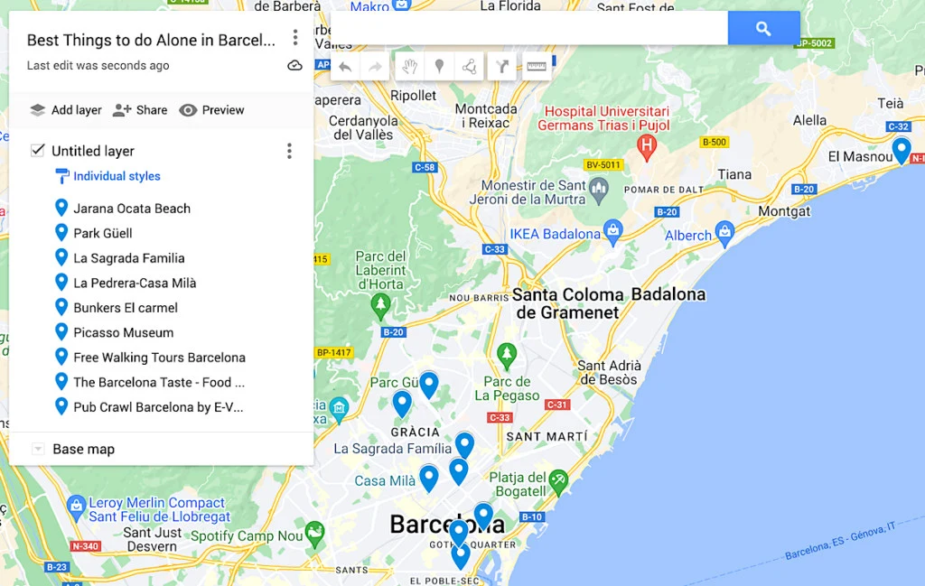 Map of the best things to do alone in Barcelona with blue dots to represent all the best things to do in Barcelona by yourself. 