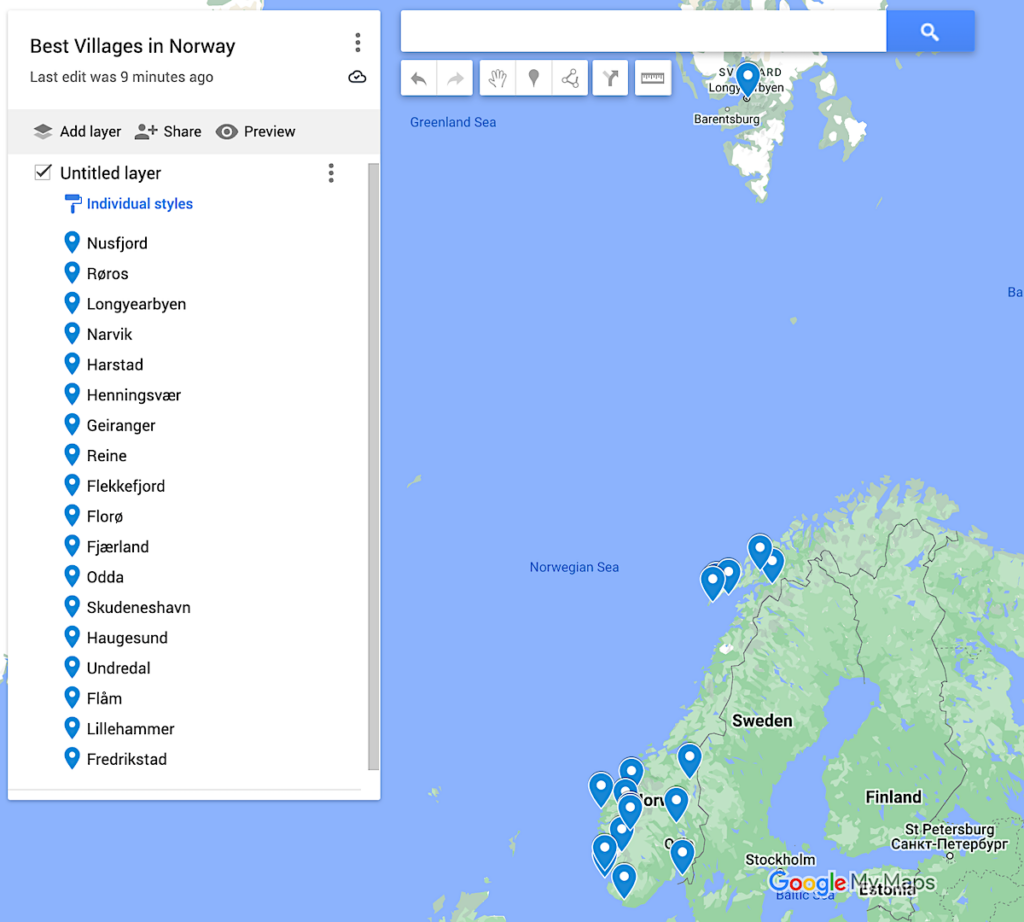 Map of the cutest towns in Norway with blue dots to represent the villages in Norway. 