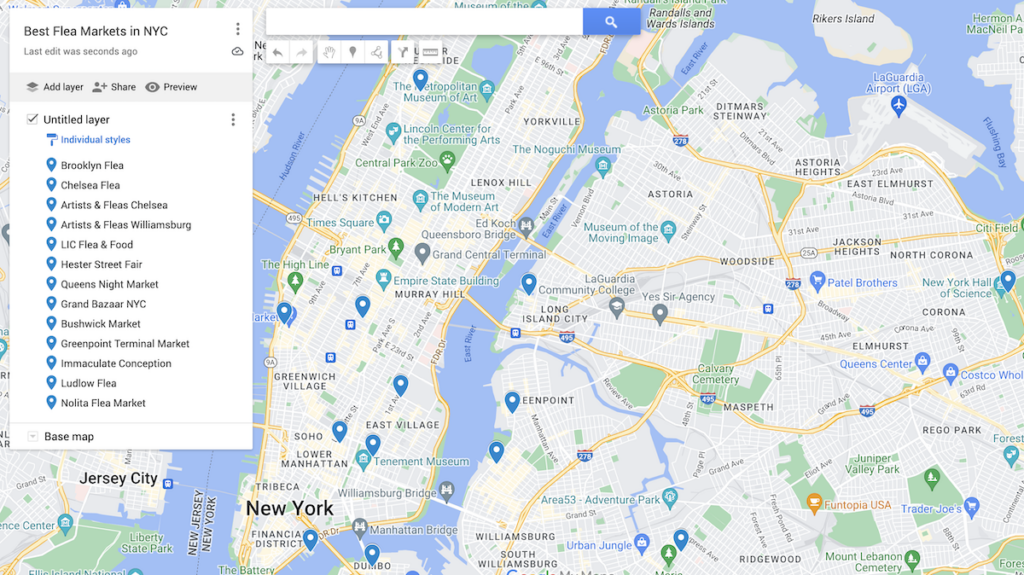Map of the best flea markets in NYC with blue dots to represent flea markets. 