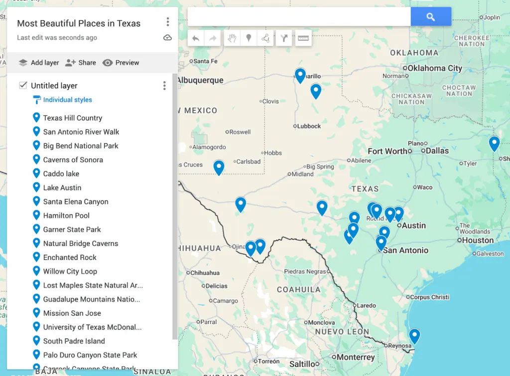 Map of Texas with blue dots to represent 19 of the most beautiful places in Texas. 
