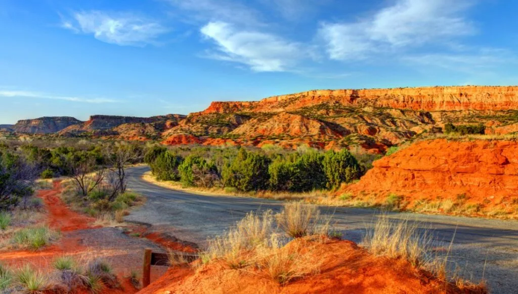 View of the red earth and red rocks that sit along a road in Palo Duro Canyon. You can also see green shrubs along the road too. 