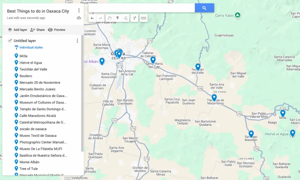 Map of the best things to do in Oaxaca city with blue dots to represent 20+ things to do in the area. 