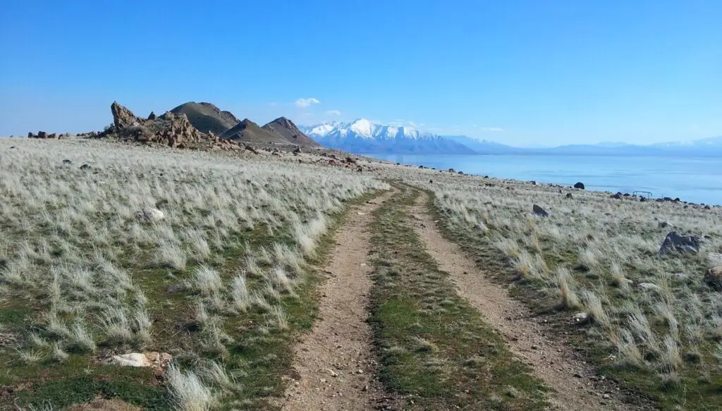 View from the Sentry Look Trail in Utah. You can sall tall grass and rocks on the left as well as snow covered mountains in the background. 