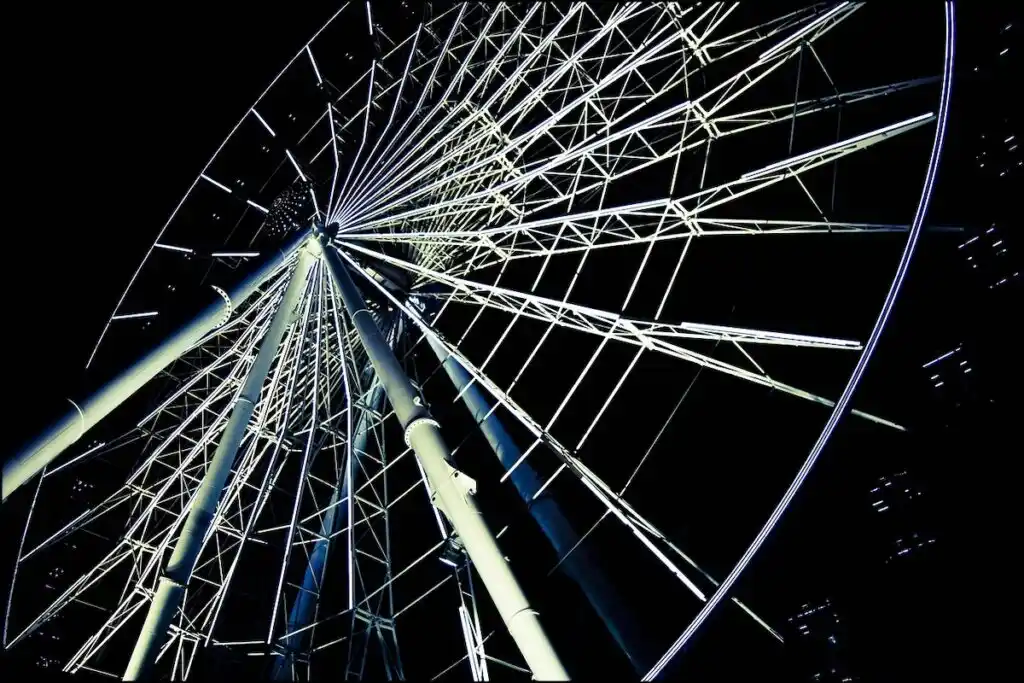 Up close view of the ferris wheel in Puebla all lit up at night. 