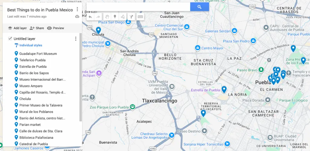 Map with 21 blue dots to represent all of the best things to dp in Puebla, Mexico. 