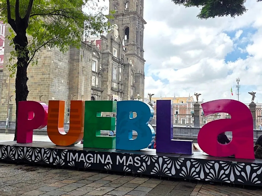 View of the colorful Puebla sign in the Zocalo in Puebla. 