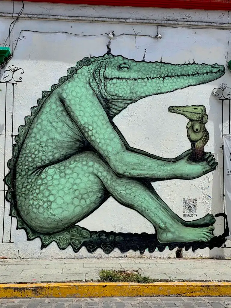 View of a crocodile sitting down and holding a mall crocodile. This is a street art mural on a white wall in Puebla. 