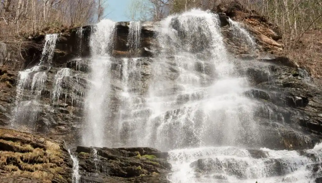 View of Amicalola Falls from the bottom looking up at the waterfall cascading down a series of rocks. The waterfall is surrounded by a series of trees. 