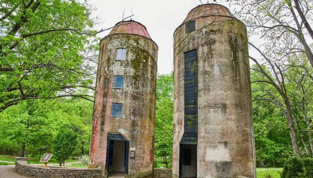 View of two decaying silo towers in Bernheim Forest in Kentucky. 