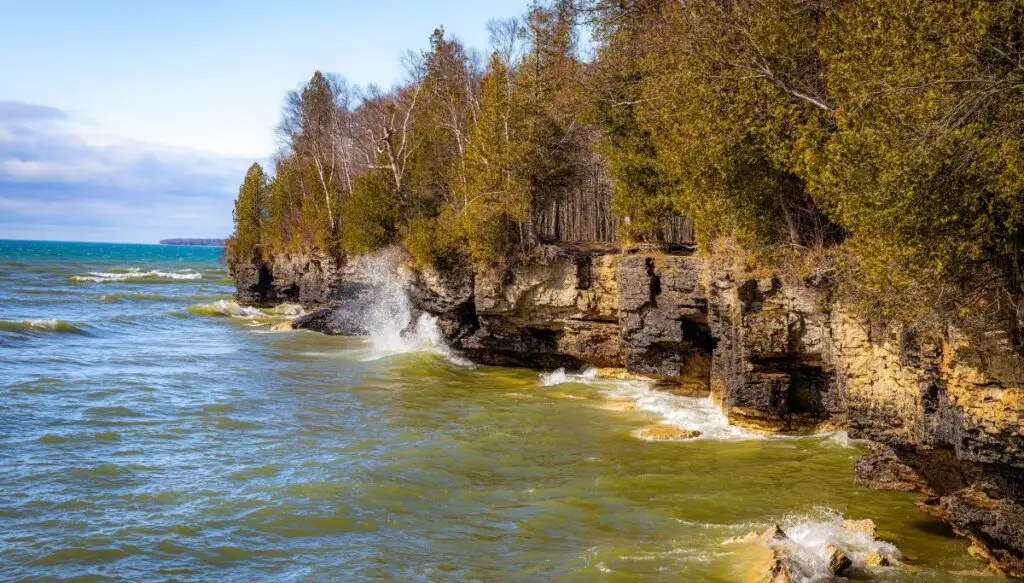 View of the rugges, rocky shores along Cave Point County State Park. You can see trees going along the cliff. 
