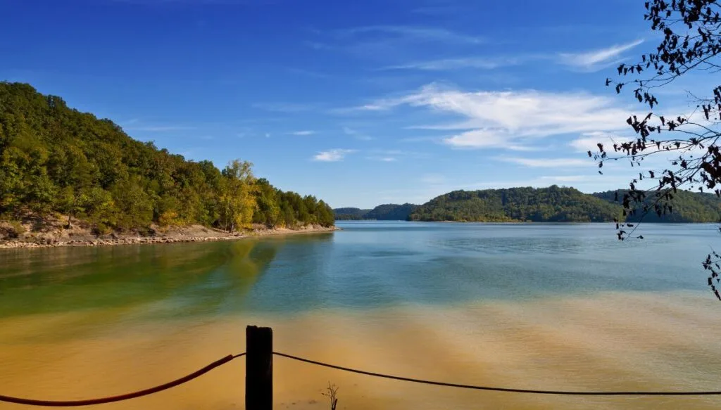 View of the brown and blue waters of Dale Hollow Lake. You can also see the shorelines covered in green trees on a sunny day with a small fence in the foreground. 