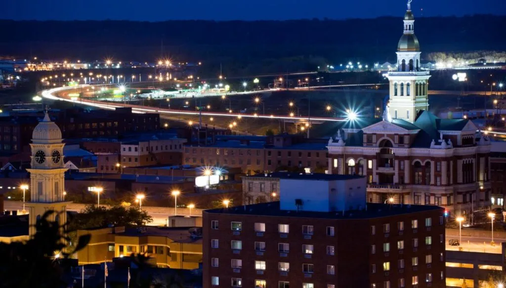 View of downtown Dubuque all lit up in the evening. 