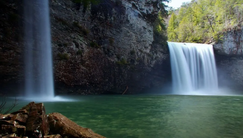 View of two waterfalls inside of Fall Creek Falls State Park in Tennessee. 