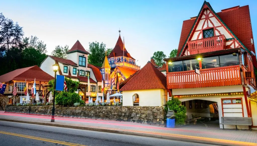 View of the many European-style buildings that line the streets of Helen, Georgia. 