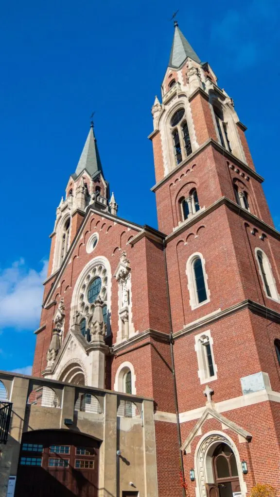 View of the brick exterior of Holy Hill Basilica. 