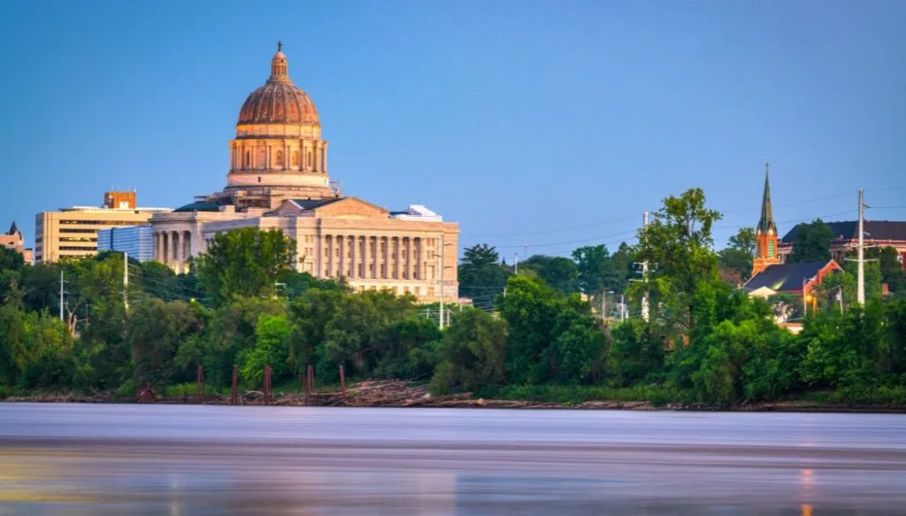 View of the historic buildings sitting along the river in Jefferson City, Missouri. 