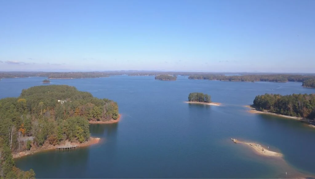 Aerial view of the forested islands that sit inside Lake Lanier in Georgia. 