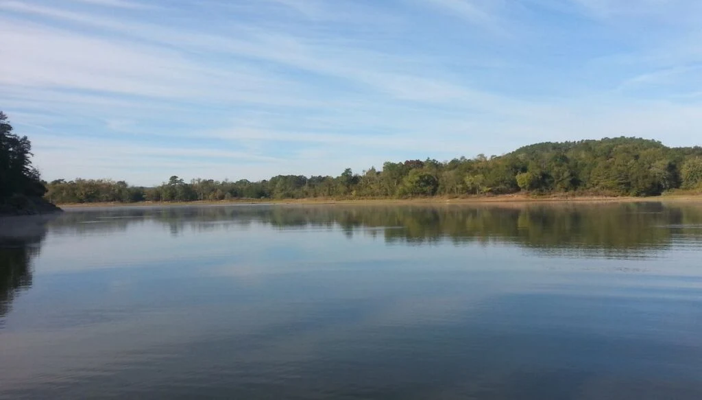 View of Lake Ouachita which is surrounded by tall trees with tons of green leaves on a sunny day.
