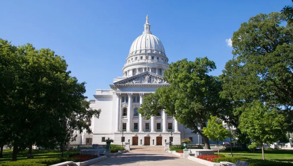 View of the white, Roman-style capitol building in Madison, Indiana.