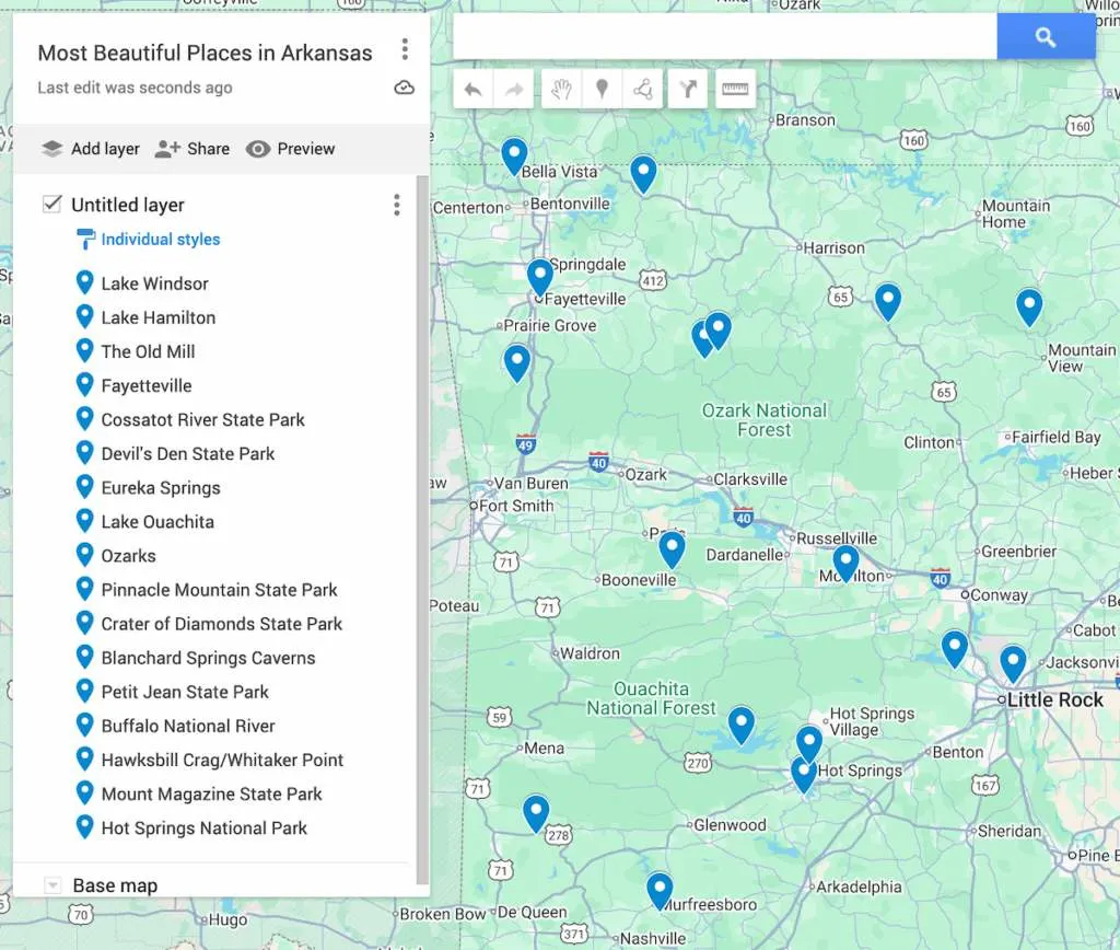 A map of Arkansas with 17 blue dots that represent all of the most beautiful places in Arkansas. 
