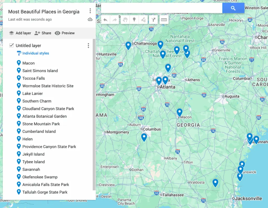 A map of Georgia with 19 blue dots to represent the most beautiful places in Georgia. 