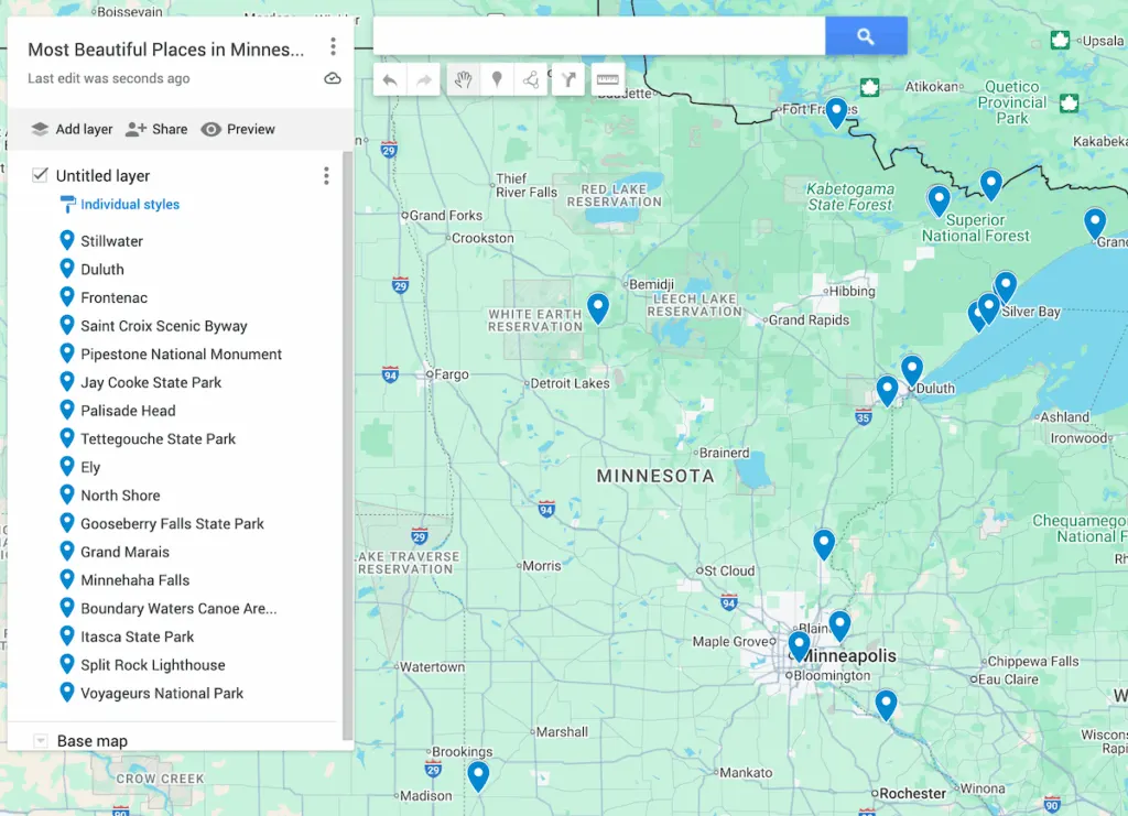 Map of Minnesota with 17 blue dots to represent the most beautiful places in Minnesota. 