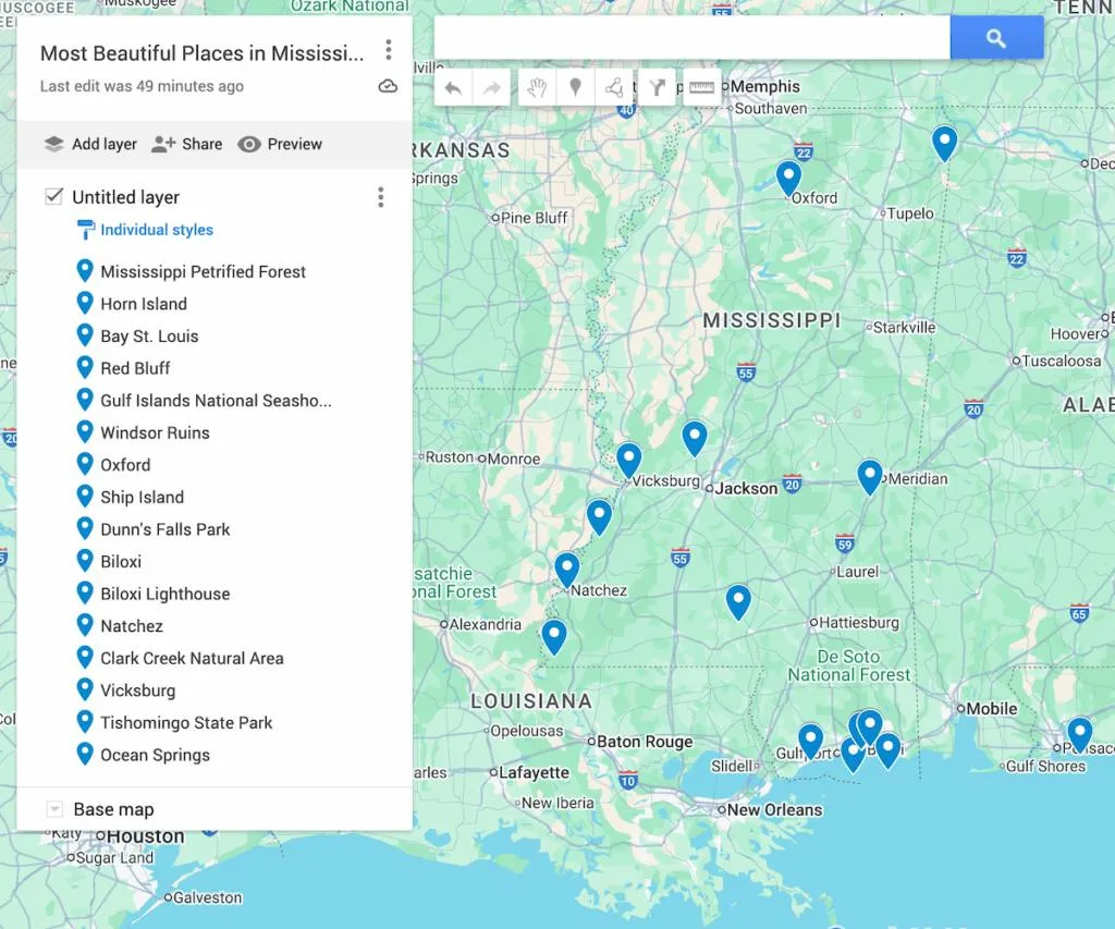 Map of Mississippi with 17 blue dots to represent the most beautiful places in Mississippi.