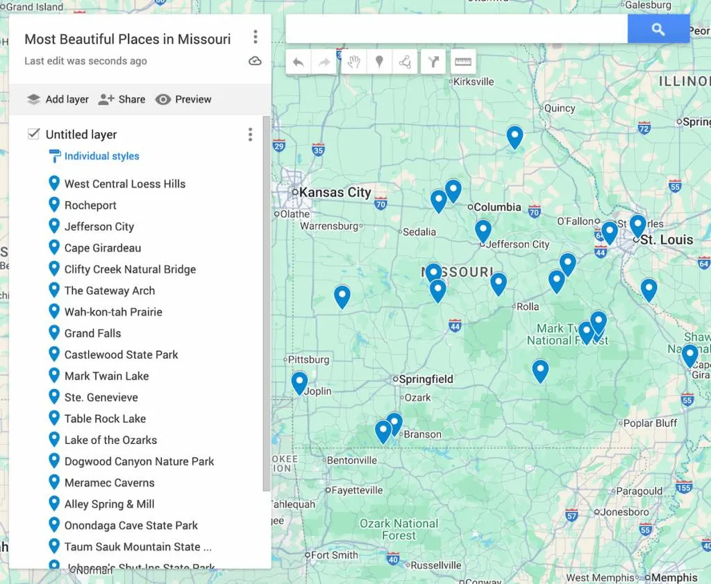 Map of Missouri with 21 blue dots to represent the most beautiful places in Missouri.
