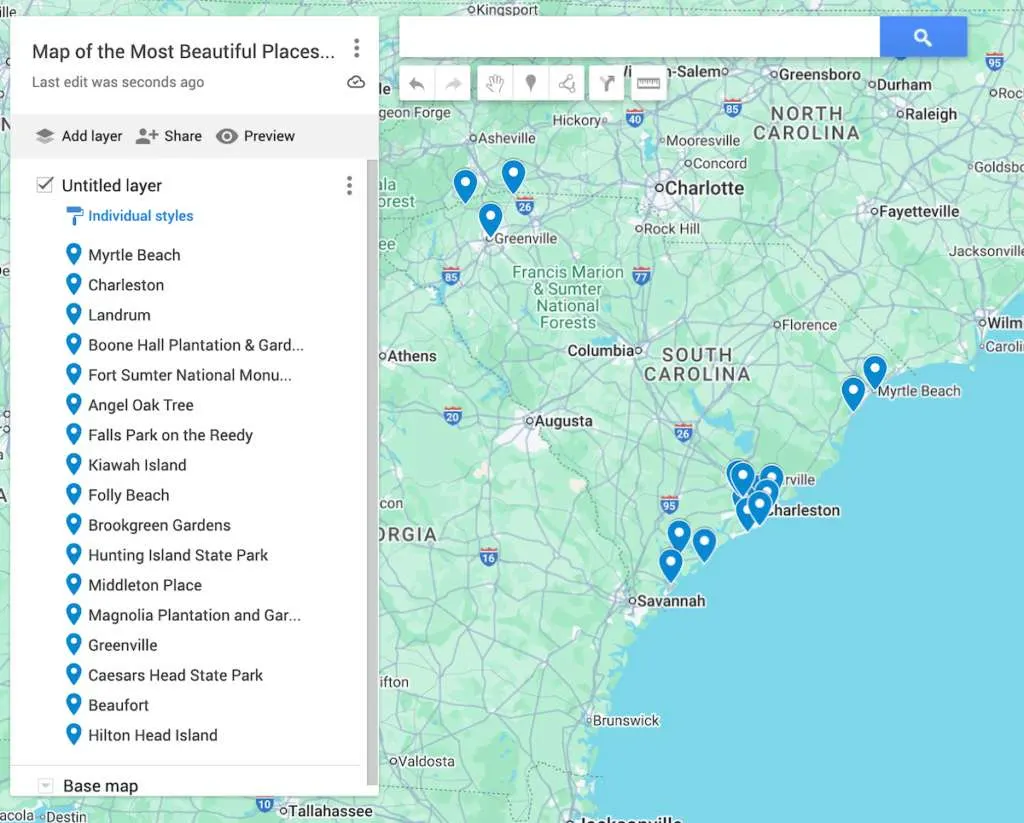 Map of South Carolina with 19 blue dots to represent the most beautiful places in South Carolina. 