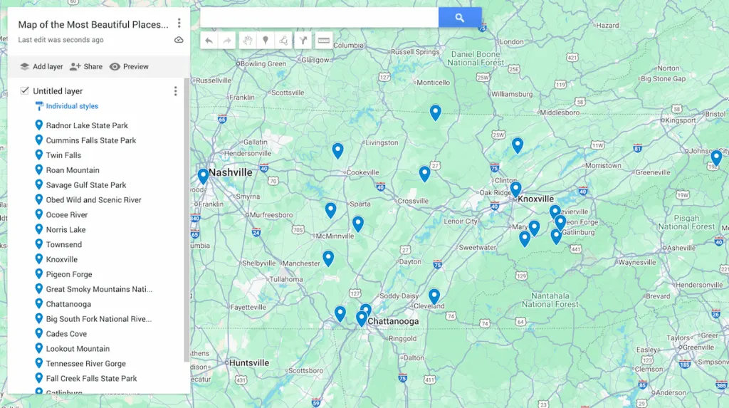 A map of Tennessee with 19 blue dots to represent the most beautiful places in Tennessee.