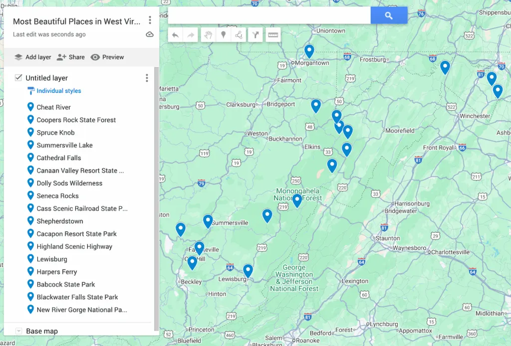 View of a map of West Virginia with 17 blue dots to represent the most beautiful places in West Virginia. 
