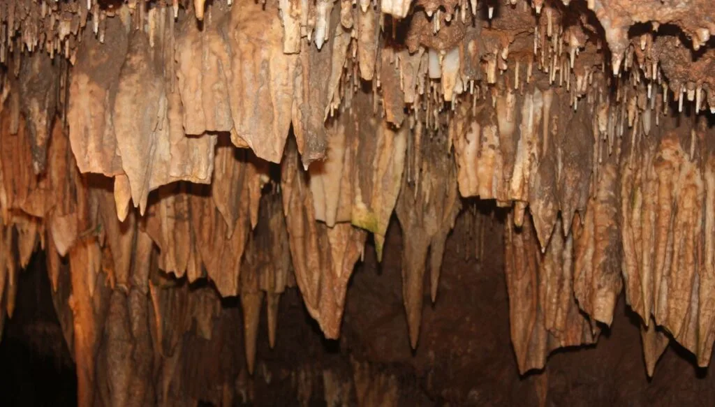 View of rock formations hanging down from the roof of Meramac Caverns in Missouri. 