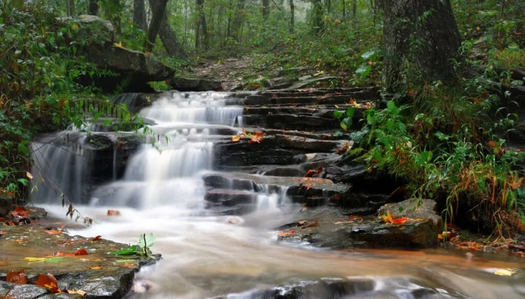 View of a small waterfall cascading over a series of rocks inside a forest in Monte Sano State Park. This is one of the most beautiful places in Alabama.