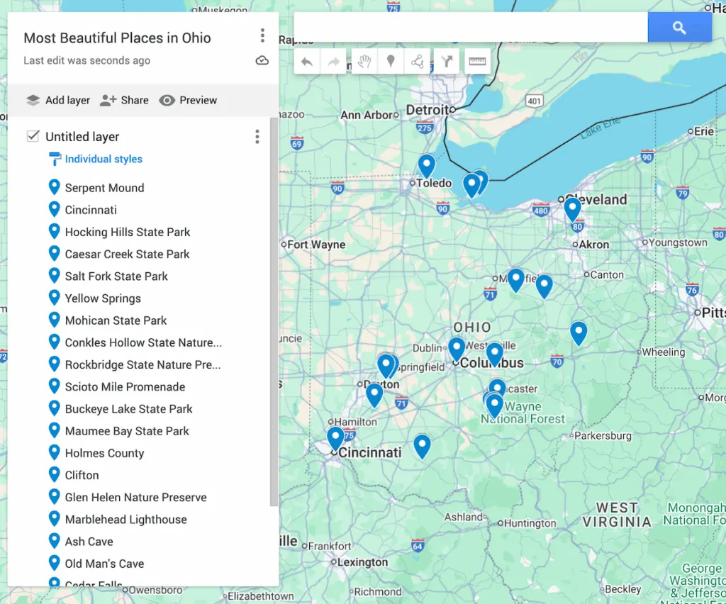 View of a map of Ohio with 19 blue dots to represent the most beautiful places in Ohio. 
